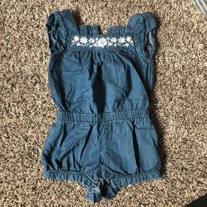 Baby Girl denim romper- floral stitch detail 6-12
